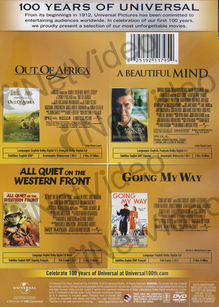 Out of Africa / A Beautiful Mind / All Quiet on the Western Front