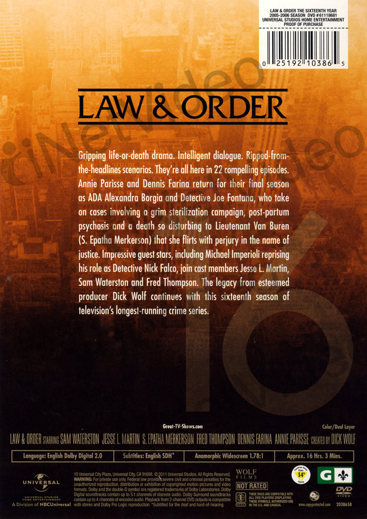 Law u0026 Order - The Sixteenth (16) Year (2005-2006 Season) on DVD Movie